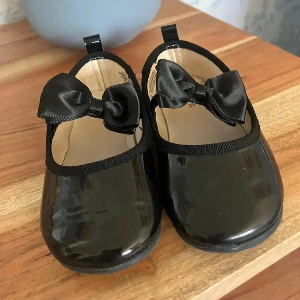 H&M ballet flats toddler girl baby black dress up shoes bows satin shiny